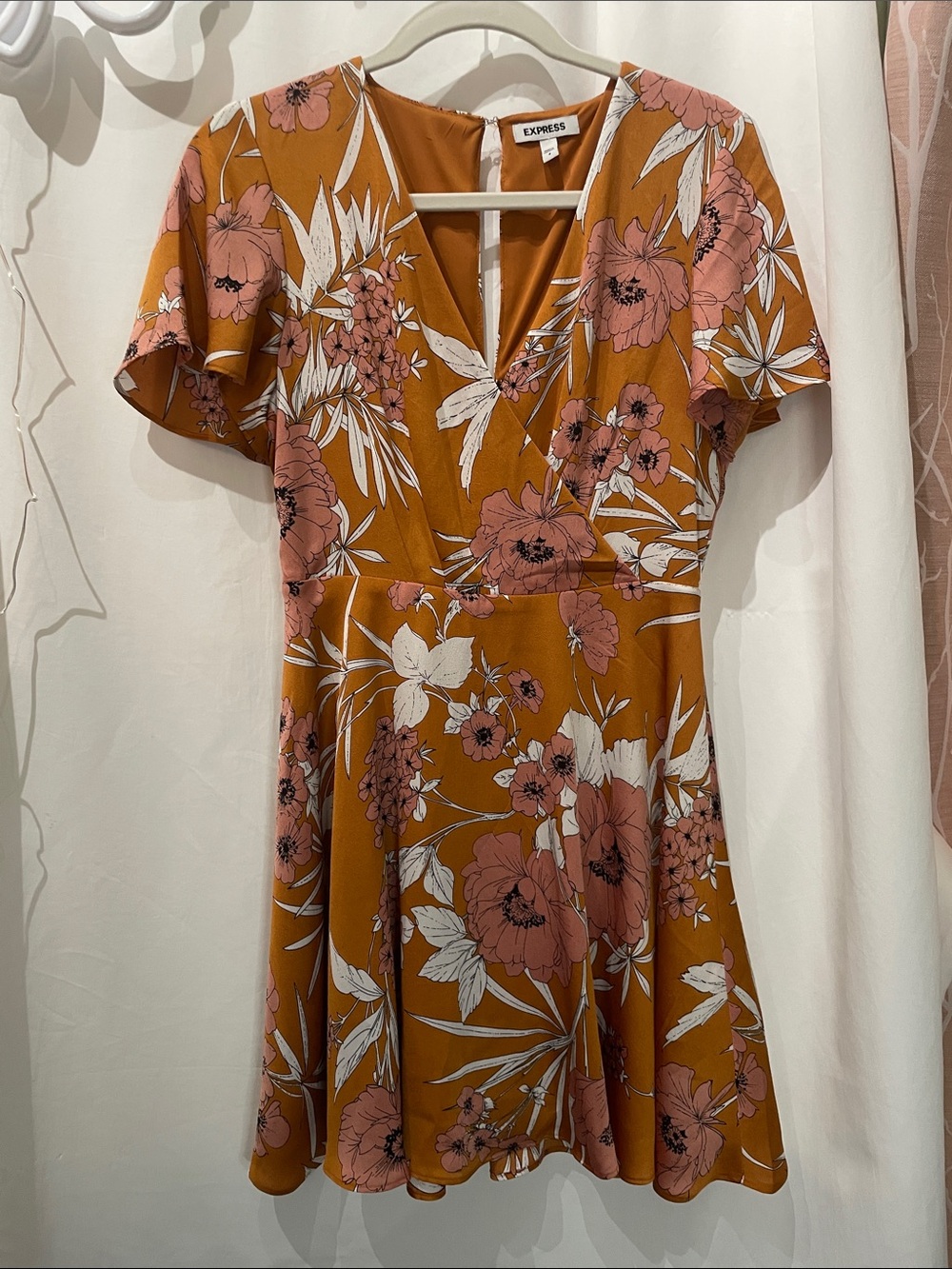 Express Rust Floral V-Neck Fit & Flare Dress with Pink and White Print